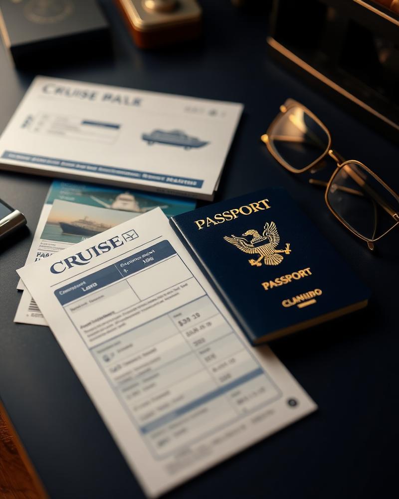 Passport, travel insurance and cruise documents laid out on a desk