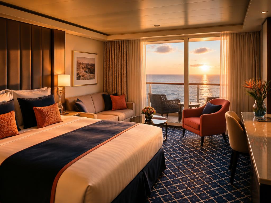 Premium cruise ship balcony cabin at golden hour