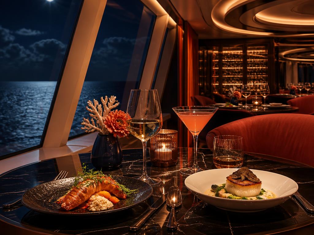 Cruise ship specialty dining scene with cocktails at night