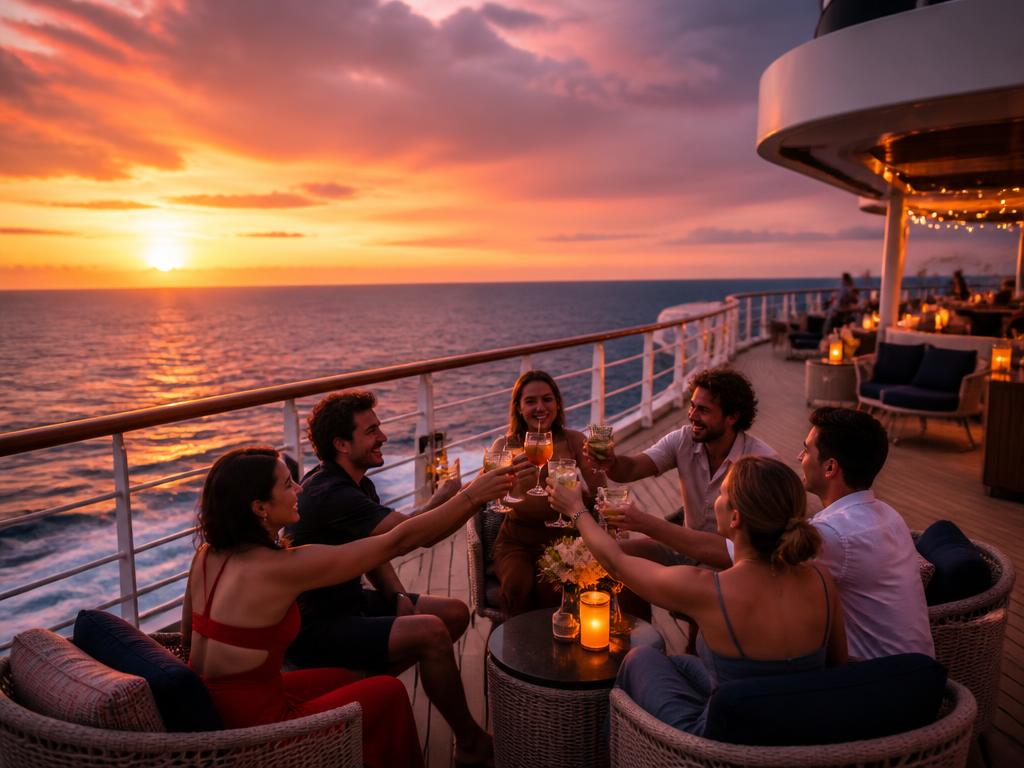 Friends toasting together on a cruise ship deck at sunset