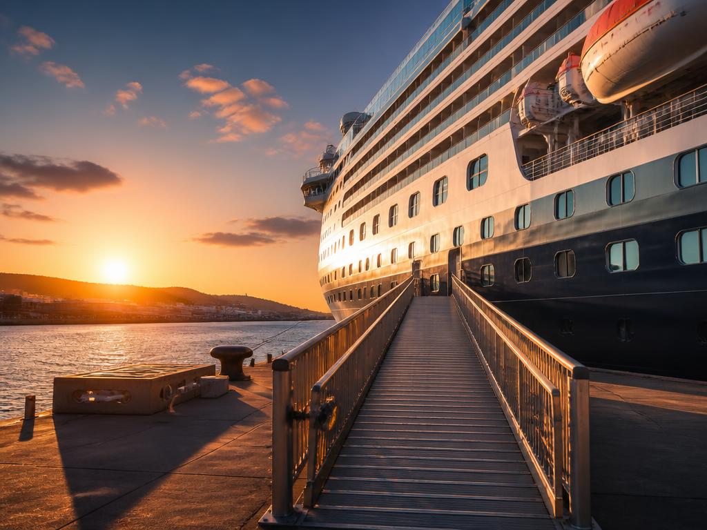 Cruise ship boarding at golden hour