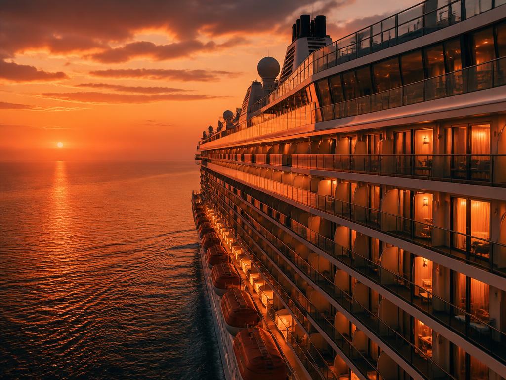 Cruise ship balconies glowing at golden hour