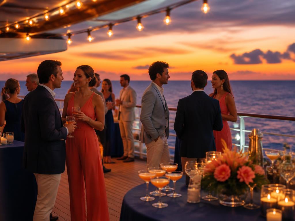 Private cocktail party on a cruise ship deck at sunset